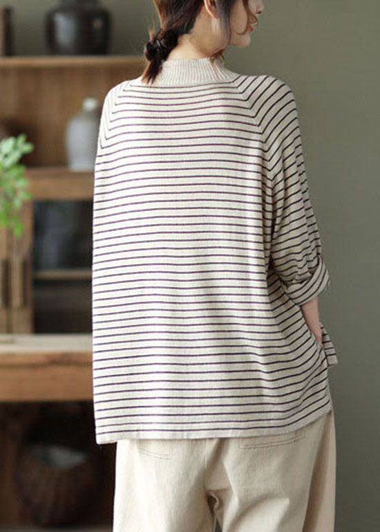 Beautiful Beige Striped Loose Knit Shirt Spring