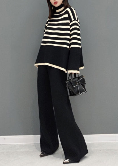 Beautiful Black Turtle Neck Striped Knit Two Piece Suit Set Spring