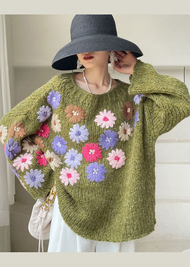 Beautiful Green Embroidered Floral Knit sweaters Winter