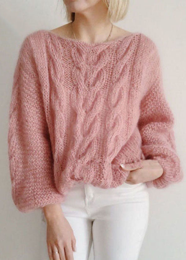 Beautiful Pink Slash Neck Hollow Out Knit Sweaters Winter