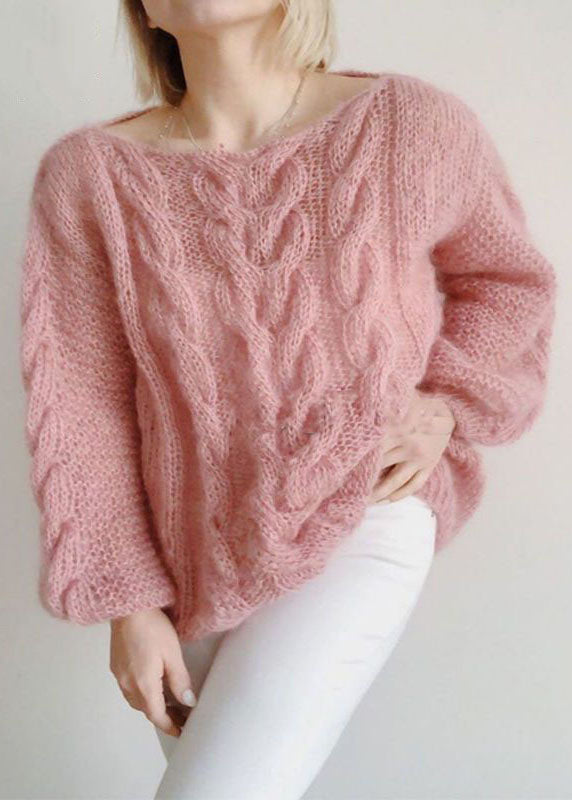 Beautiful Pink Slash Neck Hollow Out Knit Sweaters Winter