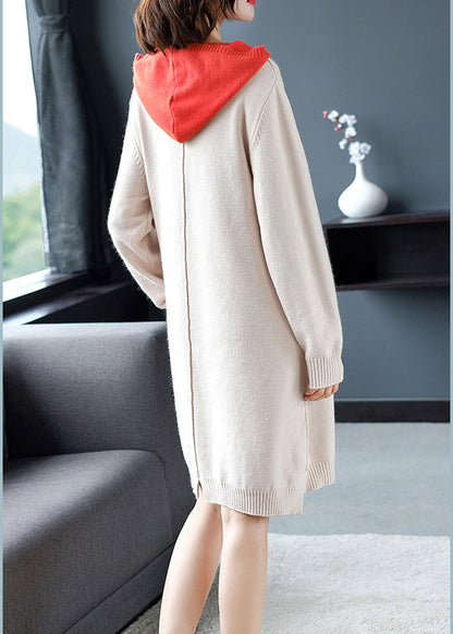 Beige Drawstring Thick Hooded Knit Woolen Sweater Dress Fall