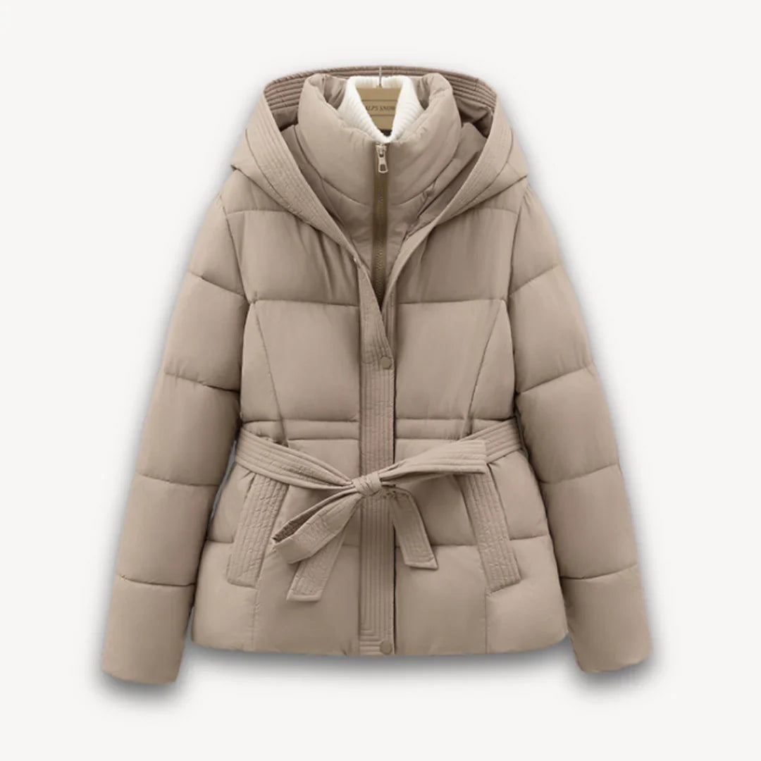 Women's winter jacket with hood and belt, lightly padded