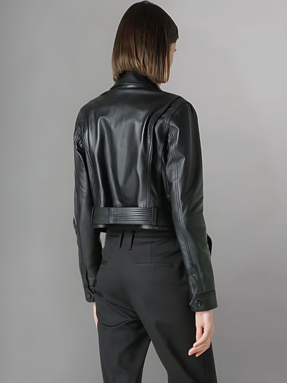 Belted Crop Leather Aviator Jacket