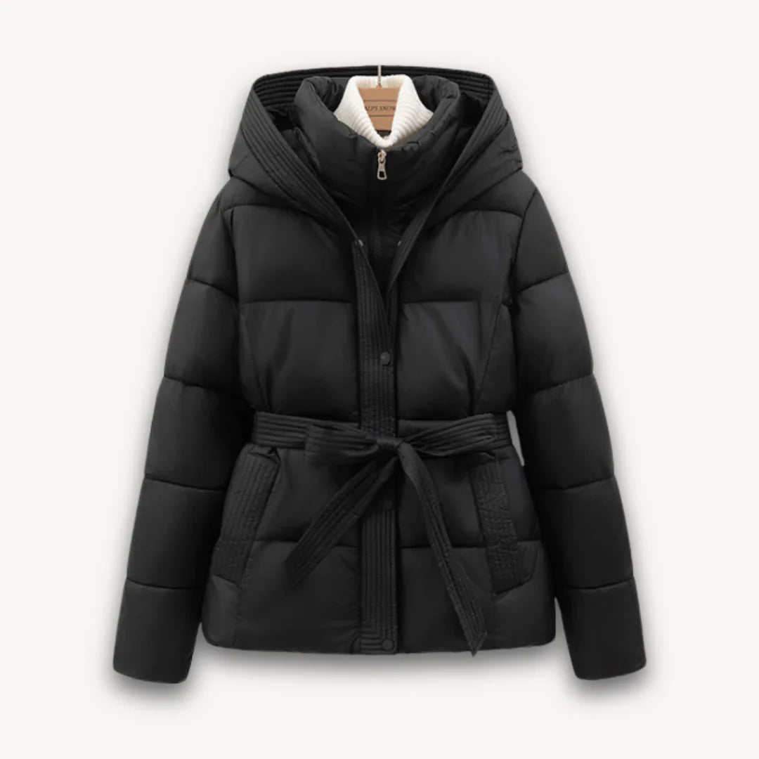 Women's winter jacket with hood and belt, lightly padded