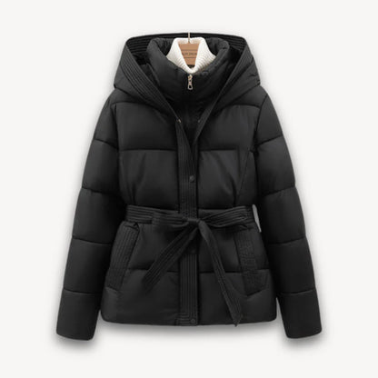Women's winter jacket with hood and belt, lightly padded