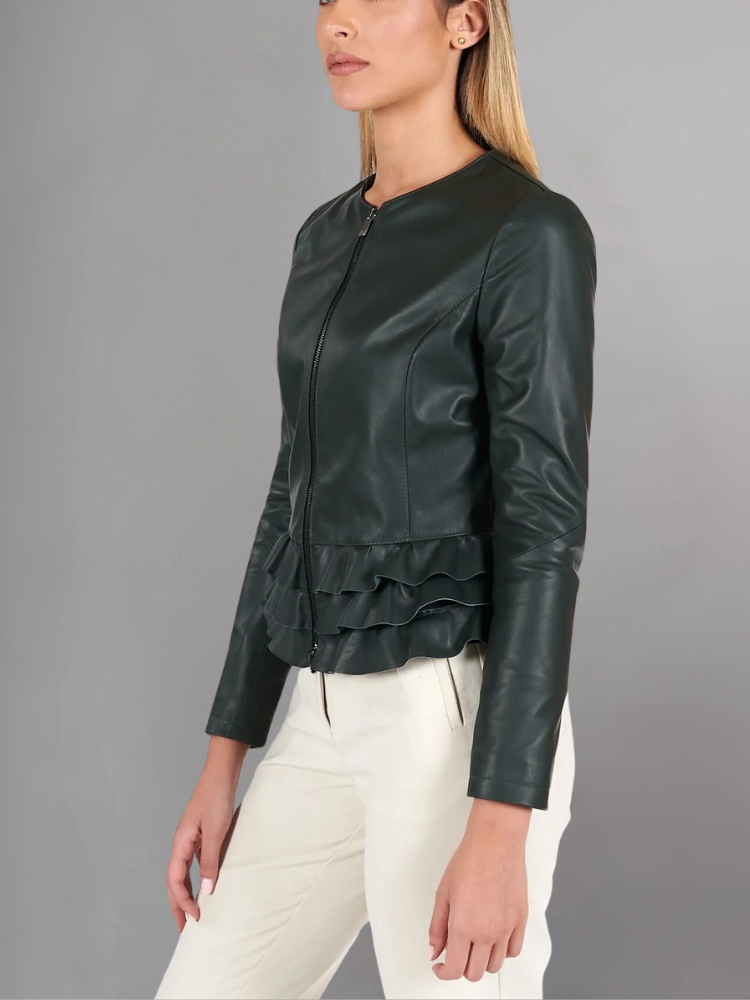 Black nappa lamb leather jacket waist flounces