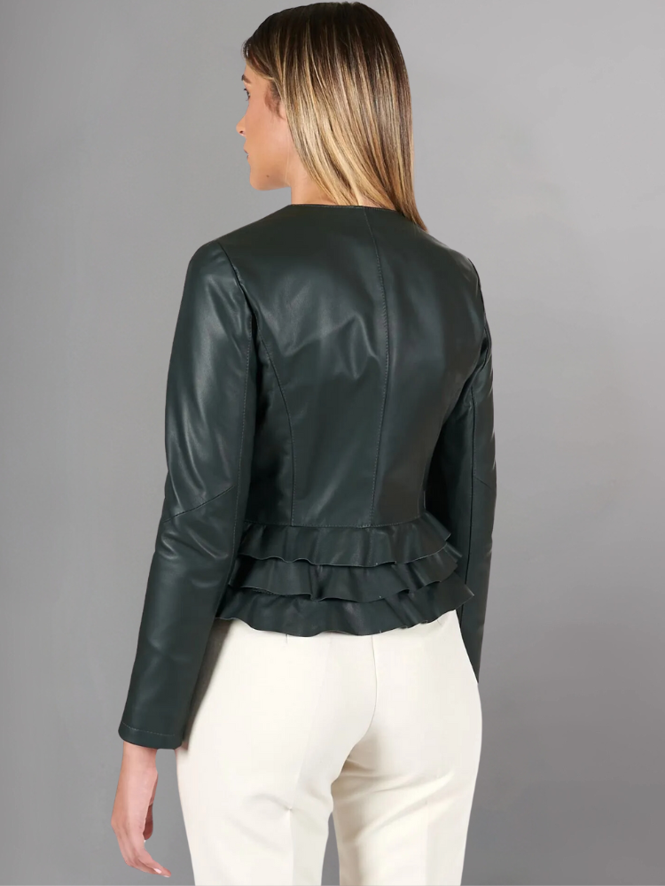 Black nappa lamb leather jacket waist flounces