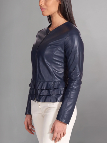 Black nappa lamb leather jacket waist flounces