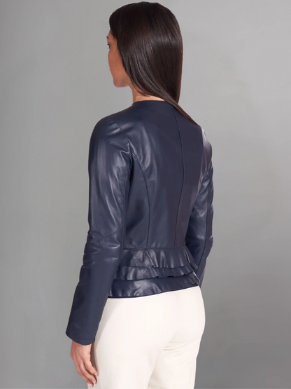 Black nappa lamb leather jacket waist flounces