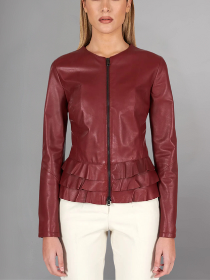 Black nappa lamb leather jacket waist flounces