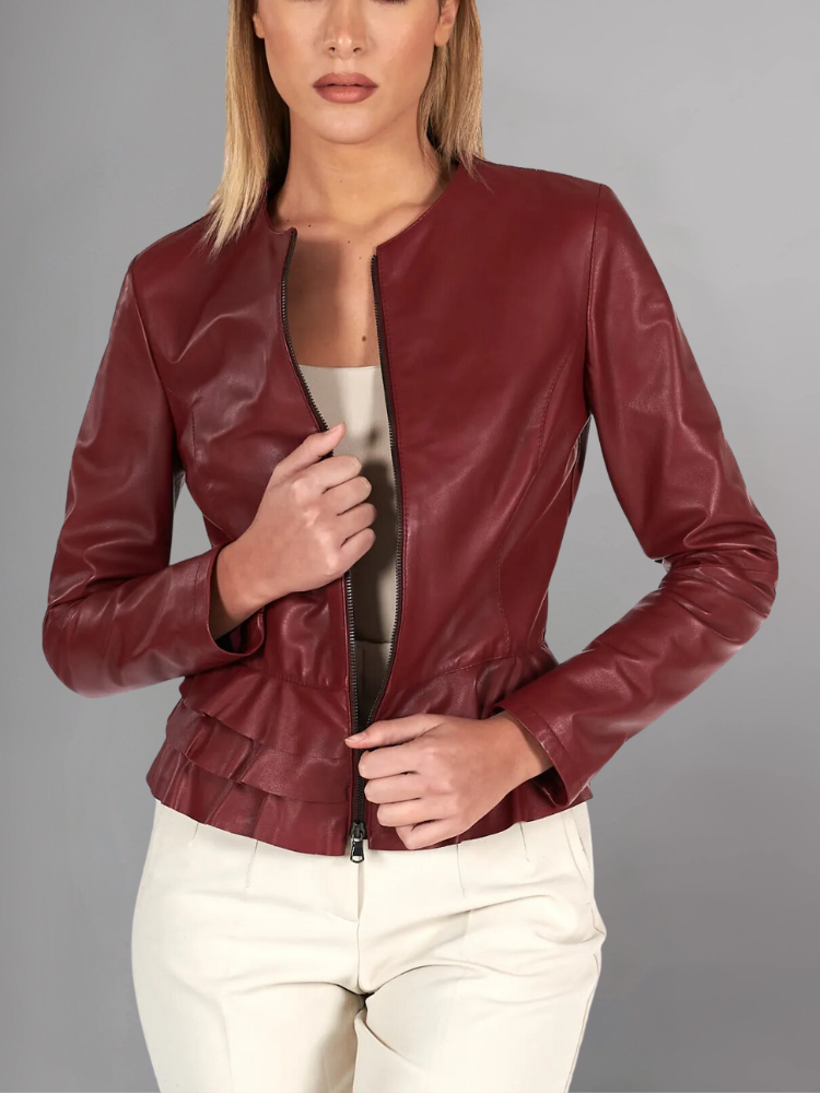 Black nappa lamb leather jacket waist flounces