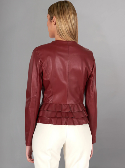 Black nappa lamb leather jacket waist flounces