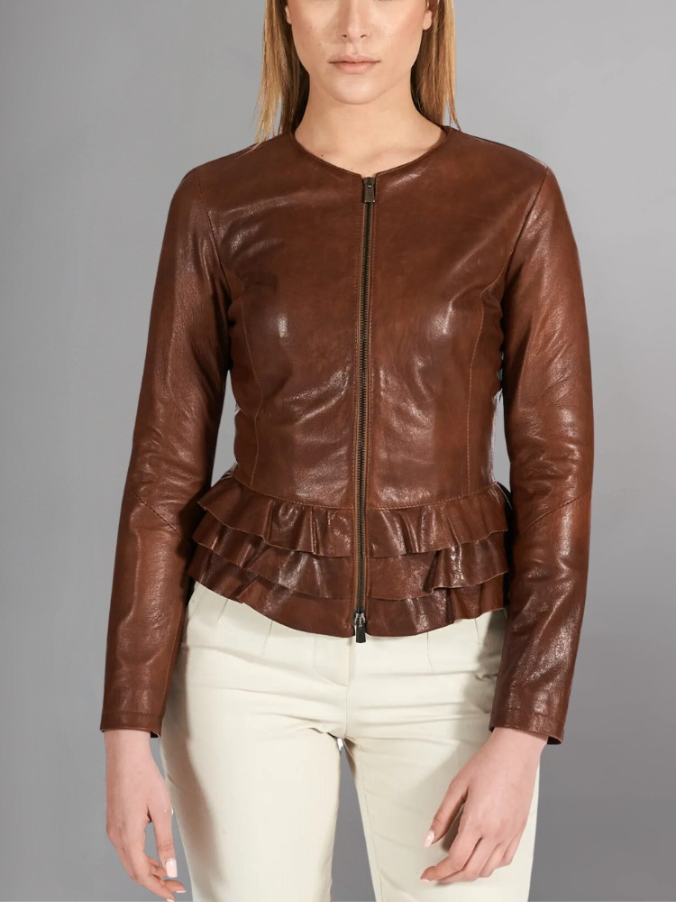 Black nappa lamb leather jacket waist flounces