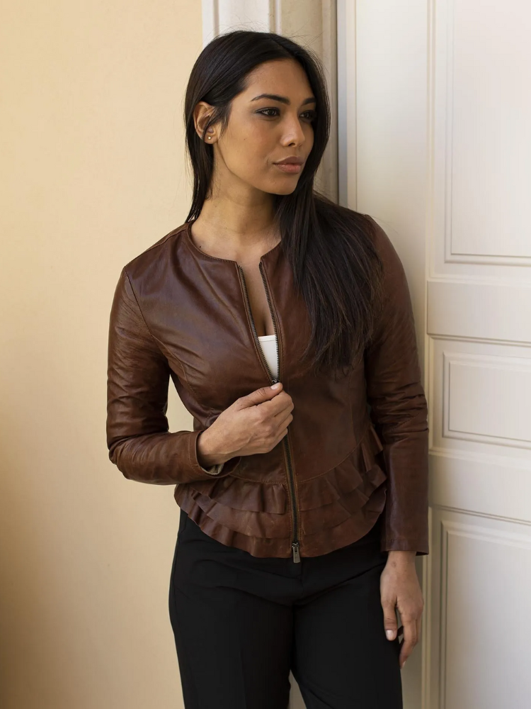 Black nappa lamb leather jacket waist flounces