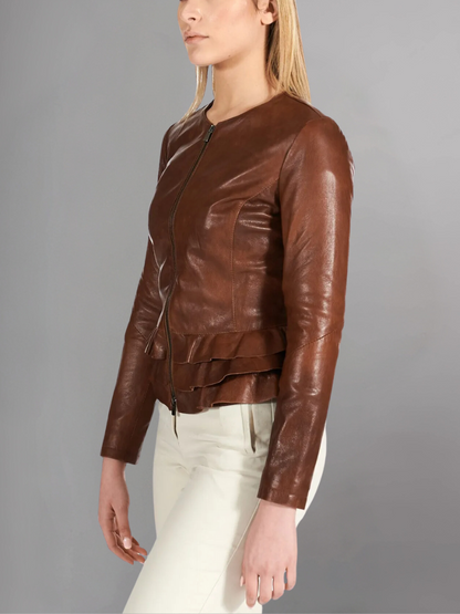 Black nappa lamb leather jacket waist flounces