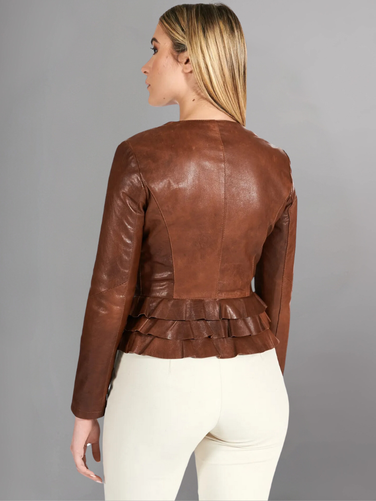 Black nappa lamb leather jacket waist flounces