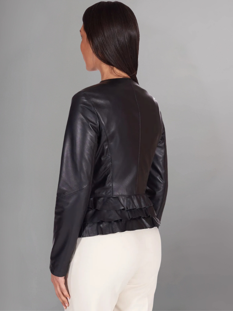 Black nappa lamb leather jacket waist flounces