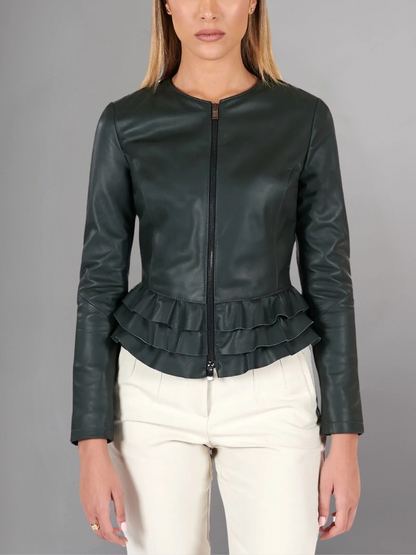 Black nappa lamb leather jacket waist flounces