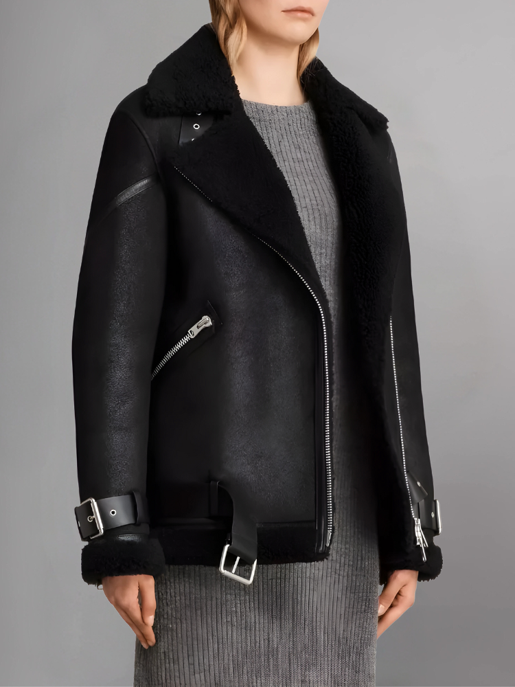 Patty Black Shearling Leather Jacket