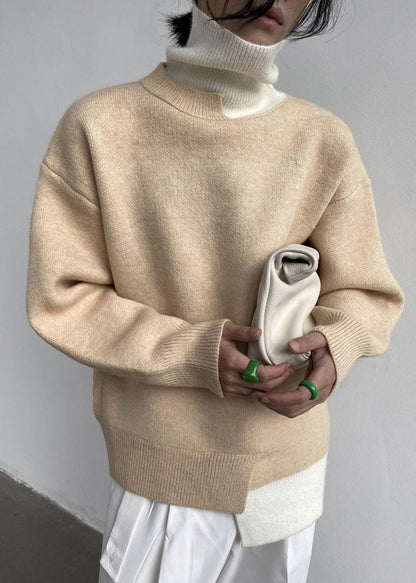 Bohemian Khaki Turtle Neck Patchwork Oversized Knitted Tops Winter