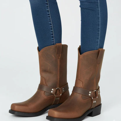 Women's leather harness ankle boots biker heels with studs – women