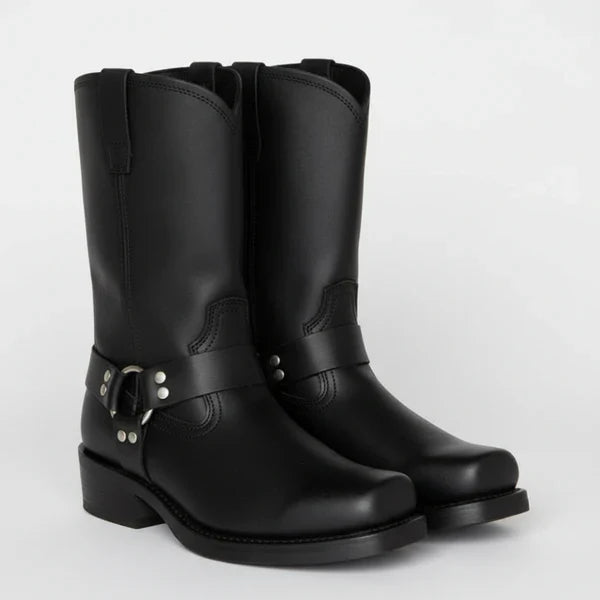 Women's leather harness ankle boots biker heels with studs – women