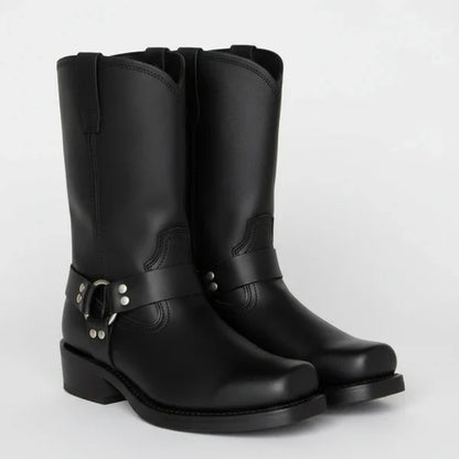 Women's leather harness ankle boots biker heels with studs – women