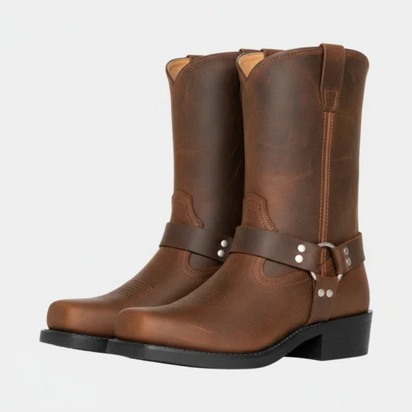 Women's leather harness ankle boots biker heels with studs – women