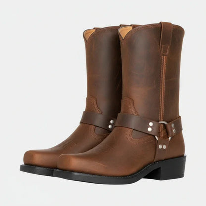 Women's leather harness ankle boots biker heels with studs – women
