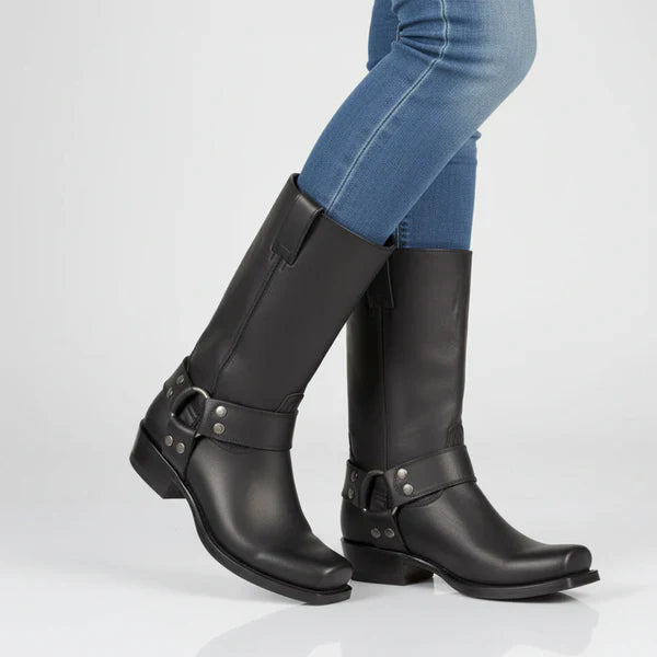 Women's leather harness ankle boots biker heels with studs – women