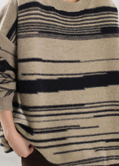 Boutique Khaki Striped Knit Sweater Tops Winter