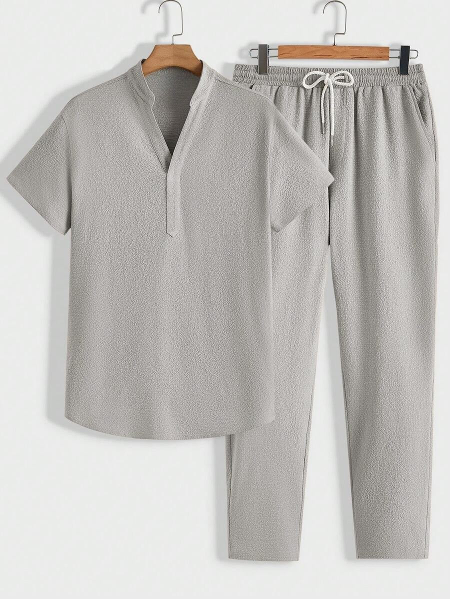 Modern men’s lounge set with stand-collar polo & pants – men