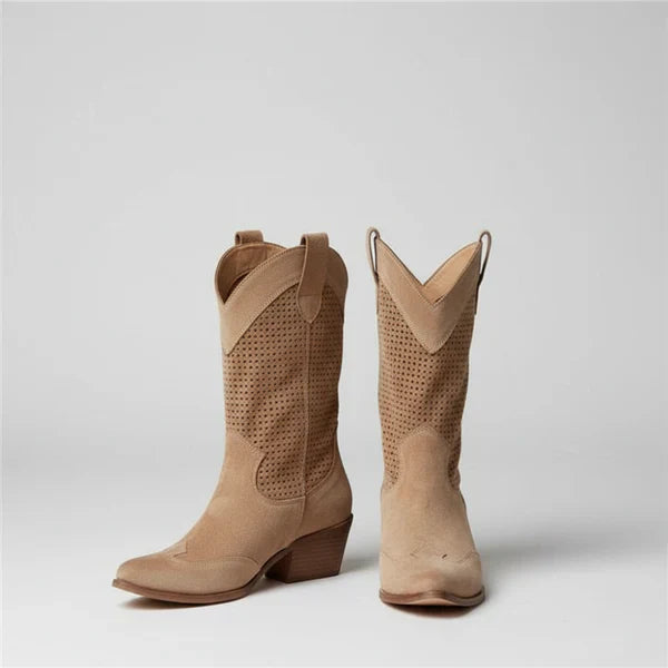 Women’s cowgirl perforated ankle boots western heels – women