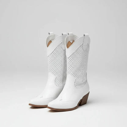 Women’s cowgirl perforated ankle boots western heels – women