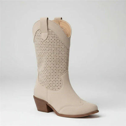 Women’s cowgirl perforated ankle boots western heels – women
