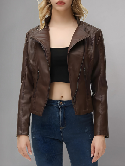 Womens Real Leather Jacket Short Zipper Motorcycle Jackets