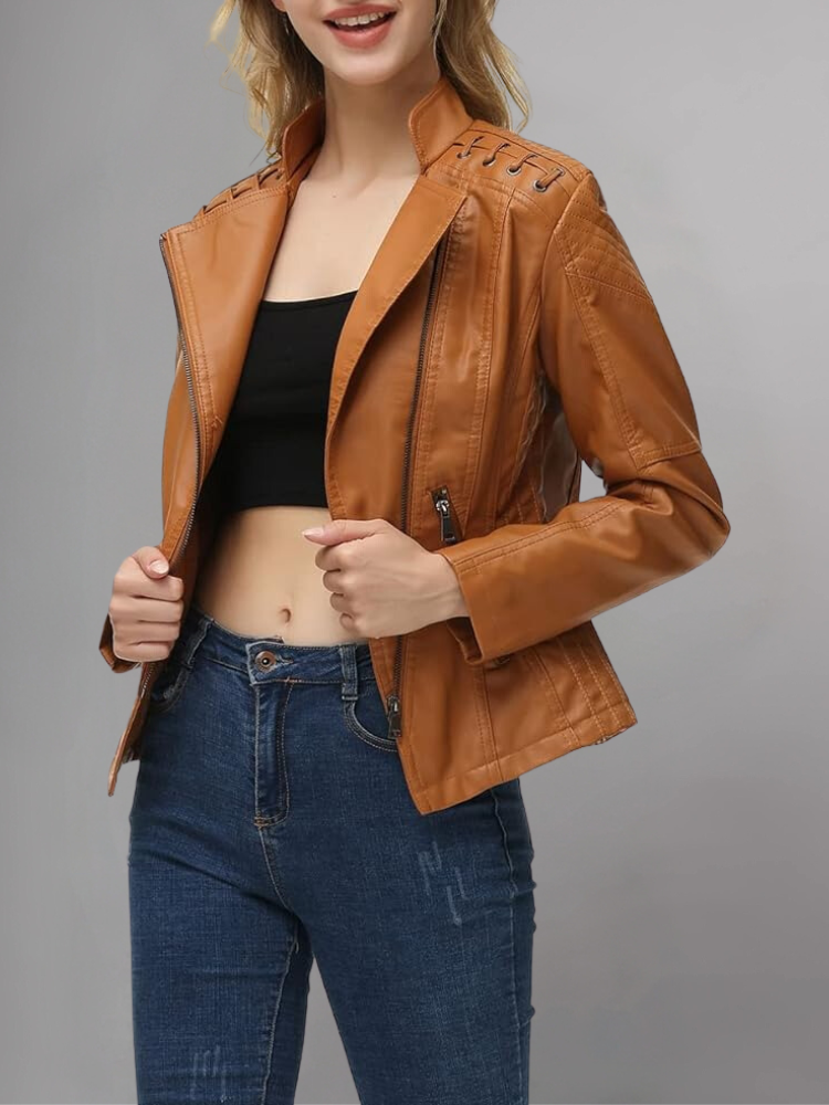 Brown Long-Sleeve Moto Jacket - Women & Plus