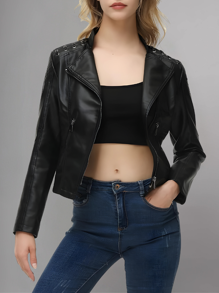 Womens Real Leather Jacket Short Zipper Motorcycle Jackets