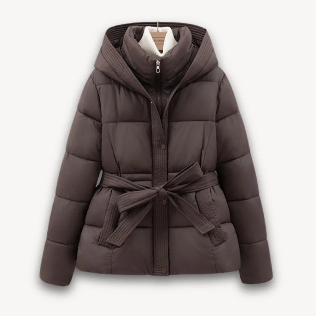 Women's winter jacket with hood and belt, lightly padded