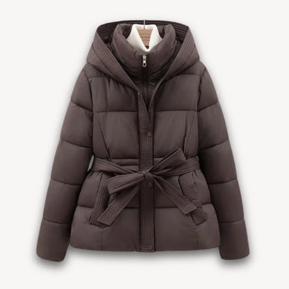 Women's winter jacket with hood and belt, lightly padded
