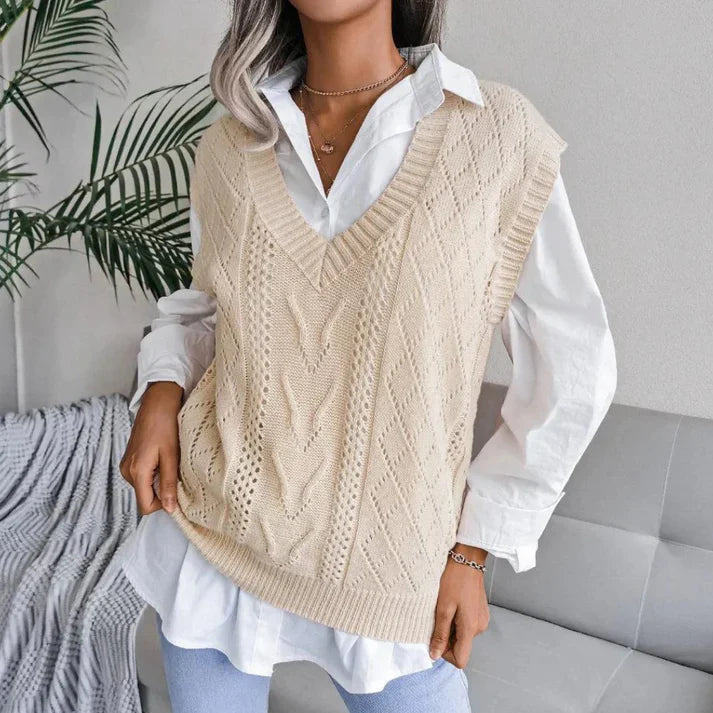 Ella – knitted vest with v-neck and cable pattern
