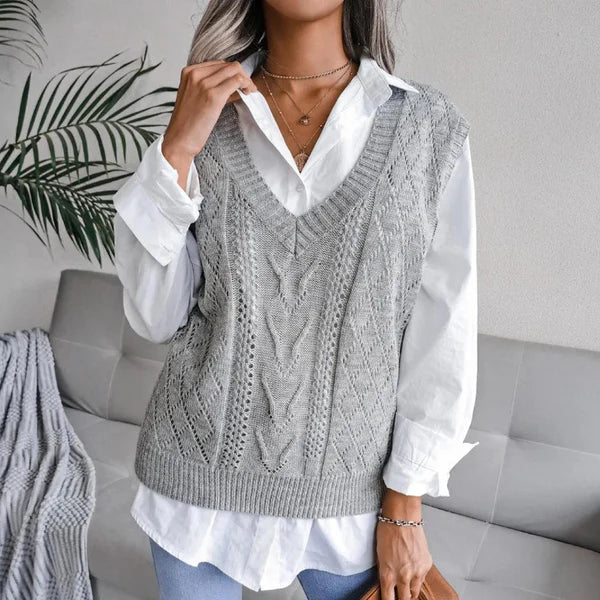 Ella – knitted vest with v-neck and cable pattern