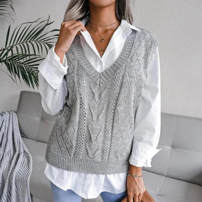 Ella – knitted vest with v-neck and cable pattern
