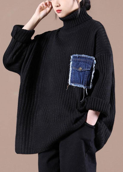 Casual Black Pockets High Neck Fall Knit Top