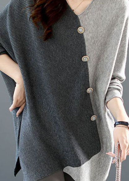 Casual Grey Asymmetrical Patchwork Knit Shirt Winter