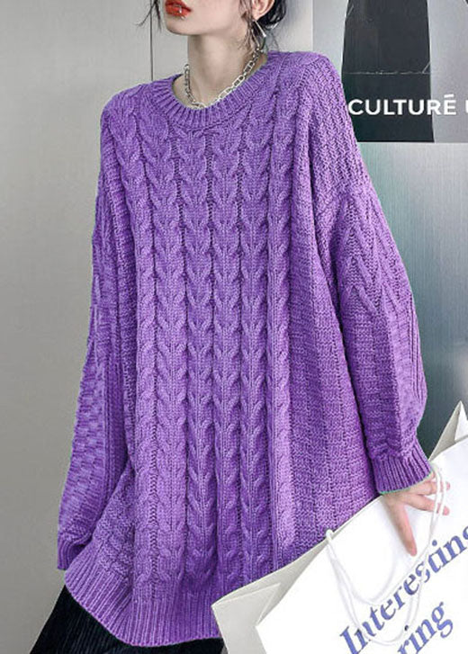 Casual Purple O-Neck cable knit sweaters Loose Fall Sweater