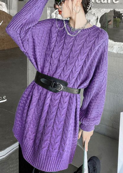 Casual Purple O-Neck cable knit sweaters Loose Fall Sweater