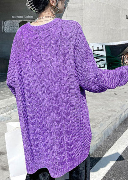 Casual Purple O-Neck cable knit sweaters Loose Fall Sweater