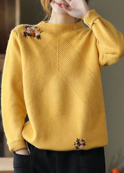 Casual Yellow Embroidered Floral Knit Sweater Winter